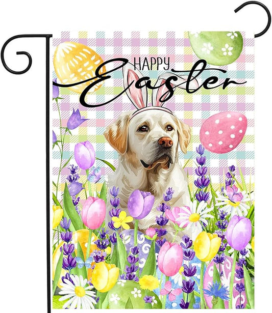 Happy Easter Labrador Dog Garden Flag White Lab Spring Flags Buffalo Plaid Bunny Eggs Yard Flag for Outside 12x18 Double Sided Small Decorative Floral Outdoor Flag