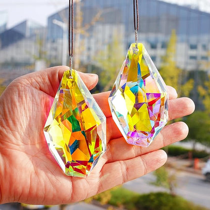 H&D HYALINE & DORA Set of 2 Crystal Sun Catcher Prisms 3.5" AB Colored Hanging Crystals for Window Rainbow Maker Prisms for Home Garden Decor