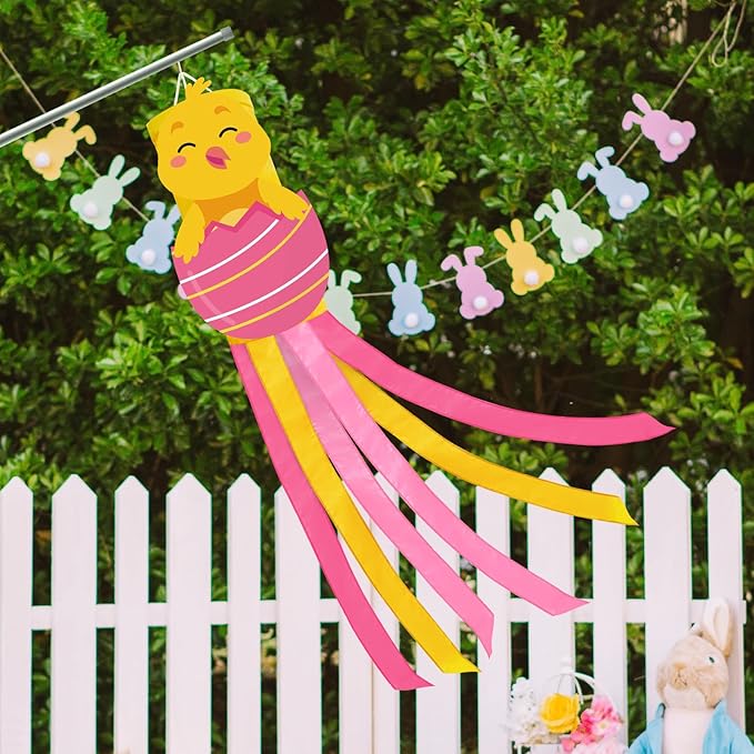 40 Inches Easter Chick Windsock Decorations, Hanging Outdoor Spring Decor with Pink Egg, and Pastel Colors Streamers, Festive Wind Sock Ornament Sign for Outside Garden, Home, Porch, and Yard