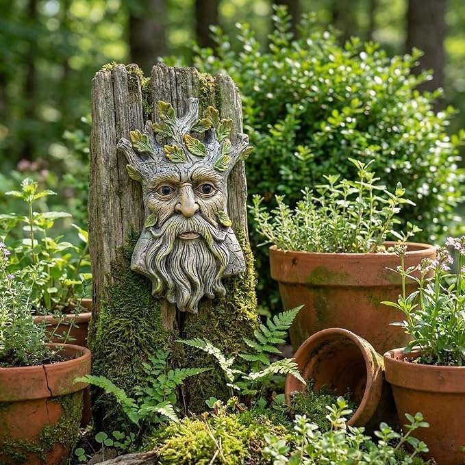Blue Eye Leaf Tree Face Sculpture, Funny Blue Eye Leaf Old Man Tree Hugger Statue, Indoor & Outdoor Creative Props for Garden and Home,9" x 7" x 2.4"