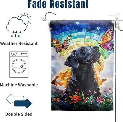 Stained Glass Black Lab Garden Flag for Outside 12x18 Double Sided Small Rainbow Bridge Labrador Dog Memorial Yard Banners Bereavement Pet Sympathy Gift