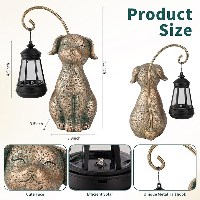 Solar Garden Decor Dog Statues with Lantern,Waterproof Resin Solar Outdoor Statue Decoration for Yard, Lawn, Flower Bed, Backyard, Front Yard, Patio, Balcony – Gift for Dog Lovers