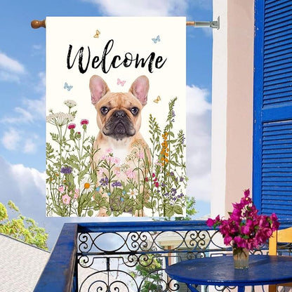 Floral French Bulldog Garden Flag Spring Summer House Flags 28 x 40 Double Sided Flower Dog Yard Flags for Outside Large Outdoor Welcome Flags