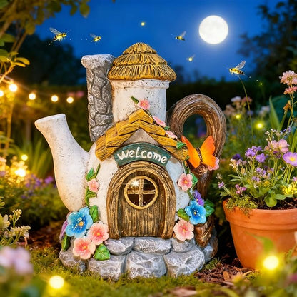 Suyorpe Fairy Garden Houses Solar Decor - Garden Statues Teapot House for Patio, Yard, Balcony Decoration, Outdoor Decor Yard Gifts for Mom Women