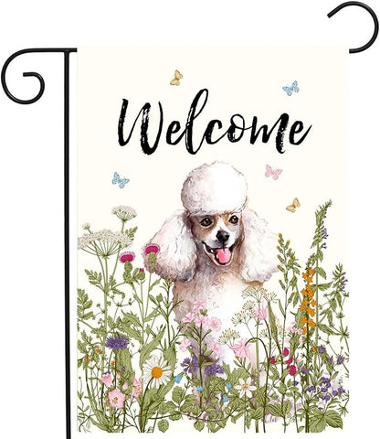 Spring Summer Garden Flag Floral Poodle Yard Flag Flower Dog Garden Flags for Outside Small Outdoor Welcome Flags 12x18 Double Sided