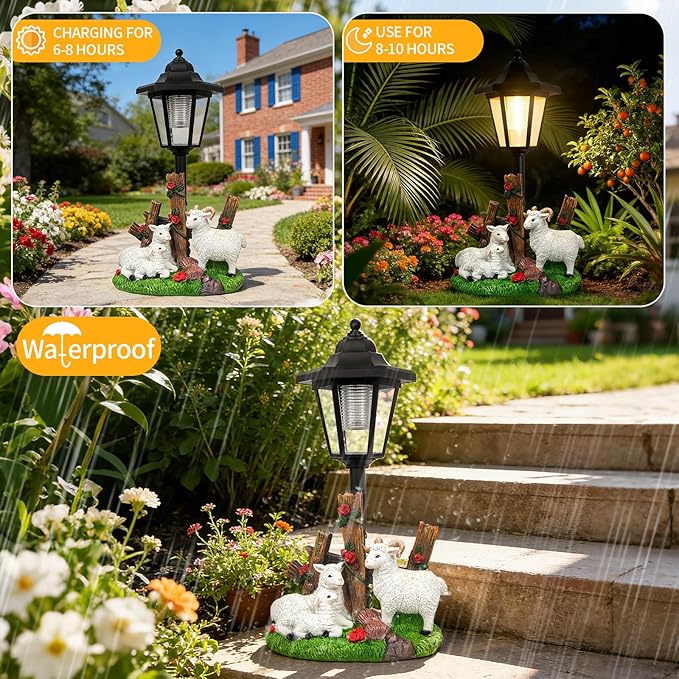 Solar Sheep Garden Outdoor Decor, Farmhouse Sheep Statue with LED Lantern, Decorative Lawn Lights Waterproof Resin Animal Figurine for Yard Patio Pathway Landscape Gift for Mother's Day