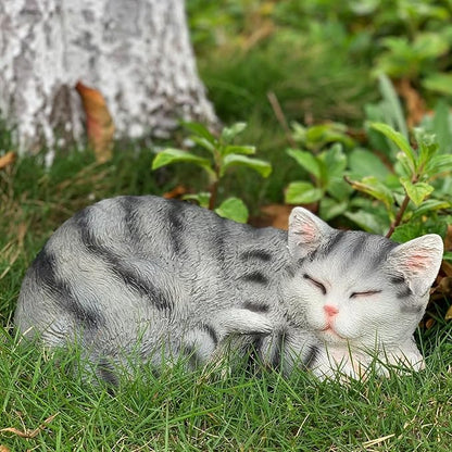 Cat Figurines - Outdoor Statue Garden Decor, Grey Sleeping Cat Statue, 11.5" Larger, Perfect for Patio, Lawn or Indoor Use, Great Gift for Mom