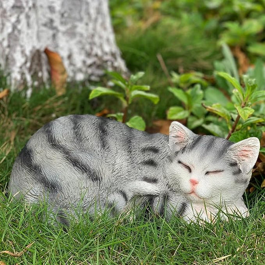 Cat Figurines - Outdoor Statue Garden Decor, Grey Sleeping Cat Statue, 11.5" Larger, Perfect for Patio, Lawn or Indoor Use, Great Gift for Mom