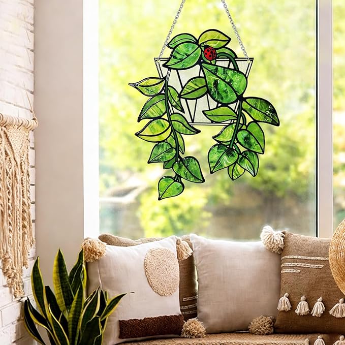 Stained Glass Suncatchers for Windows, 9 in Hanging Sun Catchers Indoor Window, Hanging Plant Decor for Home Indoor Outdoor, Plant Lover Gifts (UV Printed)