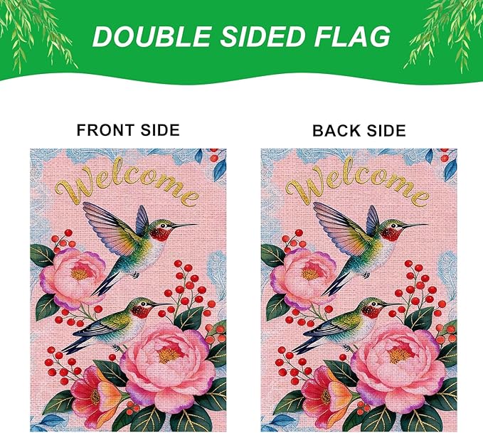IVN Hummingbird Garden Flag 12x18 Inch – Welcome Floral Outdoor Flag, Double Sided Burlap Spring Summer Yard Flag for Porch Lawn Patio Decor