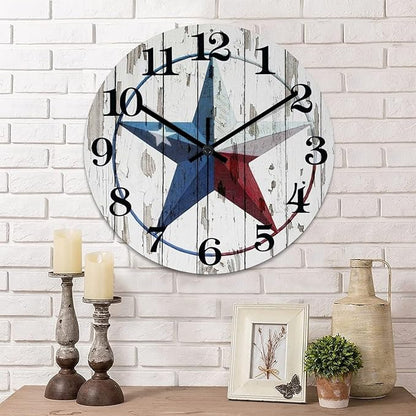 Country Wall Clock Western Texas Star Antique Wood Clock Non-Ticking Quiet Battery Operated with Large Numbers Stylish Desk Clock for Farmhouse Patio Living Room Decor 12 Inch