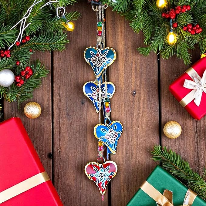 Heart Shaped Metal Bell Chime, Hanging Wind Chime for Outside with 4 HandPainted Bells for Christmas Decorations Cowbells, Jingle Bells, Wind Bell for Craft, Vintage Garland Hanger (Multi 33")