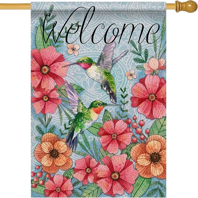 Hzppyz Welcome Spring Summer Decorative House Flag Hummingbird, Garden Yard Outdoor Big Burlap Bird Flag Flower Decor, Vintage Fall Autumn Farmhouse Seasonal Outside Decorations Double Sided 28 x 40