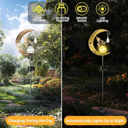 LOVERUIS Solar Garden Lights Outdoor Fairy Moon Lamp Waterproof Moon Garden Solar Light with Crackle Glass Ball LED Stake Lights Angel Decorative for Grave Balcony Lawn Patio Pathway