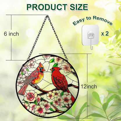 Remiawy Cardinal Stained Glass Window Hanging, 12 Inch Sun Catcher Glass Panel with Metal Chain and Hooks Suncatcher Indoor Window Wall Art Home Decor Gift for Bird Lovers Women Mother's Day Christmas