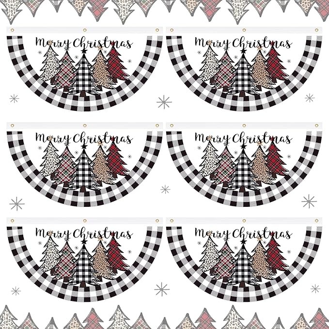 FuWeave Christmas Black and White Buffalo Plaid Bunting Fan Flag for Outside 1.5 x 3 ft Plaid Xmas Trees Hanging Flag Banner Pleated Buntings Winter Holiday for Christmas Garden Decor
