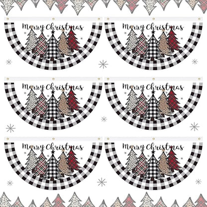 FuWeave Christmas Black and White Buffalo Plaid Bunting Fan Flag for Outside 1.5 x 3 ft Plaid Xmas Trees Hanging Flag Banner Pleated Buntings Winter Holiday for Christmas Garden Decor