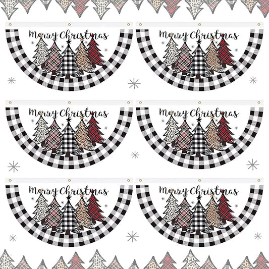 FuWeave Christmas Black and White Buffalo Plaid Bunting Fan Flag for Outside 1.5 x 3 ft Plaid Xmas Trees Hanging Flag Banner Pleated Buntings Winter Holiday for Christmas Garden Decor