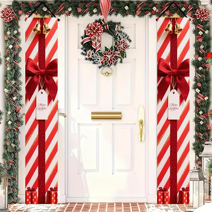 BlissYard Red White Christmas Porch Decorations 12x71 Inch Welcome Hanging Banner Porch Signs for Holiday Decor Gift Box Door Banners for Christmas Winter Home Porch Outdoor Decoration for Front Door