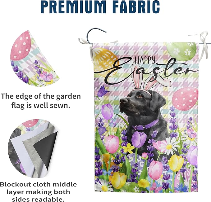 Happy Easter Labrador Dog Garden Flag Black Lab Spring Flags Buffalo Plaid Bunny Eggs Yard Flag for Outside 12x18 Double Sided Small Decorative Floral Outdoor Flag