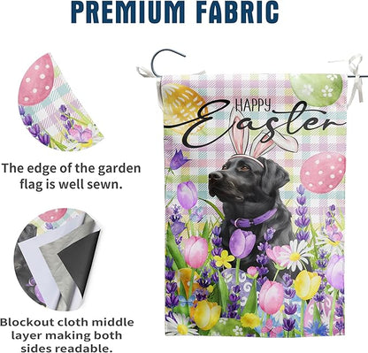 Happy Easter Labrador Dog Garden Flag Black Lab Spring Flags Buffalo Plaid Bunny Eggs Yard Flag for Outside 12x18 Double Sided Small Decorative Floral Outdoor Flag