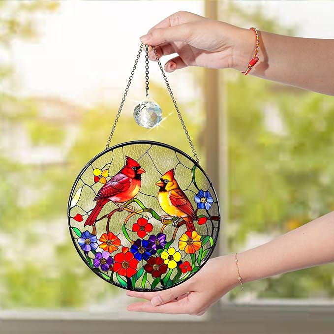 Cardinal Stained Glass Suncatcher for Window Hanging, Red Birds Home Decor, Stained Glass Cardinal Ornament for Bird Lovers, Mom, Grandma, Memorial and Sympathy Gift