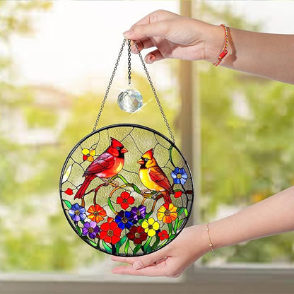 Cardinal Stained Glass Suncatcher for Window Hanging, Red Birds Home Decor, Stained Glass Cardinal Ornament for Bird Lovers, Mom, Grandma, Memorial and Sympathy Gift