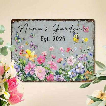 Custom Garden Signs Personalized Metal Tin Sign for Women, Funny Welcome Metal Sign for Outdoor, Patio, Yard Rustic Home Decor Gift for Mothers Day, Grandmas, and Gardening Lovers