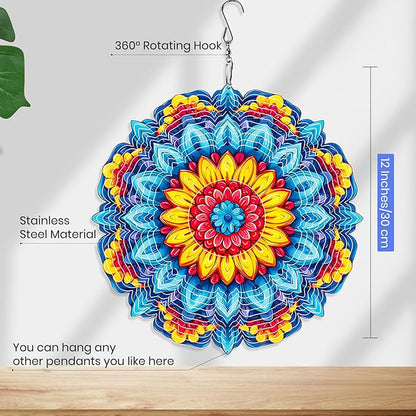 MXJSUA Mandala Flowers Wind Spinners for Indoor Outdoor Garden Decoration, 12 Inch Mandala Stainless Steel Hanging Wind Spinners Ornaments Crafts for Gifts