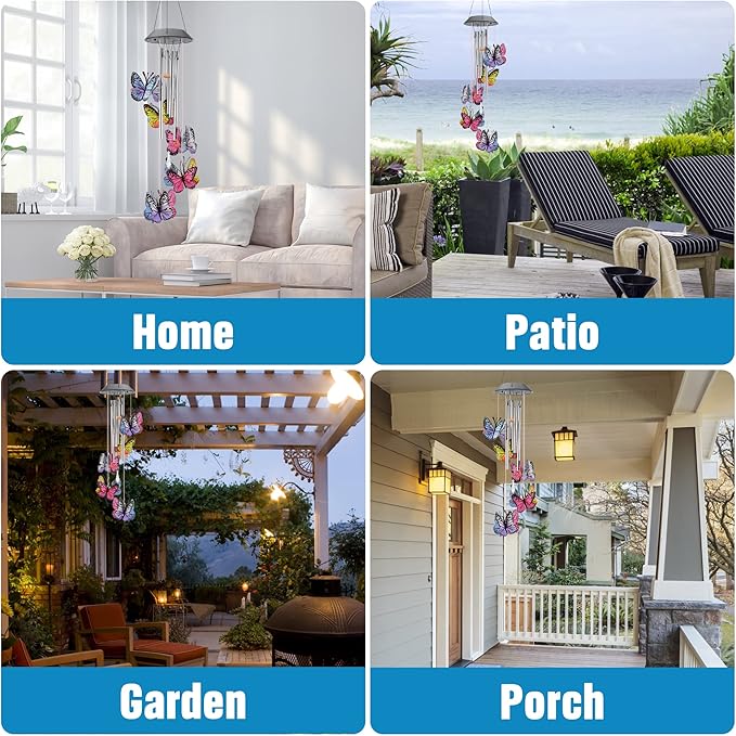Solar Butterfly Wind Chimes, Color-Changing, Outdoor, Solar-Powered, 9.5 x 5.25 x 2 inches