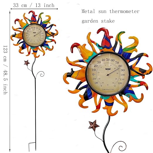 Metal Sun Thermometer Indoor Outdoor Ornament Wall Art Decor, Sun Plaque Sculpture Hanging Mounted for Living Room Bedroom Kitchen Patio for Home or Garden, No Battery Required (ORANGE SUN STAKE)