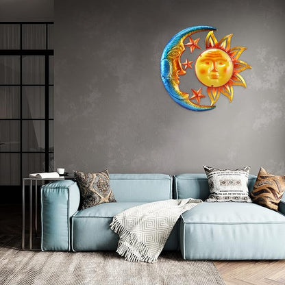 Metal Sun Outdoor Wall Art Decor Large 18 Inch with Moon & Stars, Hanging for Indoor Outdoor Patio Garden Fence Deck Yard Pool Wall Sculpture Decoration for Living Room Bedroom Colorful