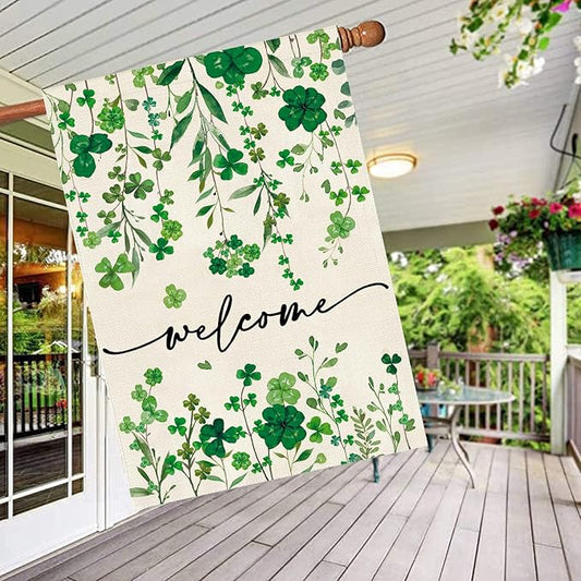 Baccessor St Patrick's Day Welcome House Flag 28 x 40 Inch Vertical Double Sided Green Shamrock Clover Lucky Large Yard Burlap Spring Rustic Happy Saint Patty's Day Irish Outdoor Decoration