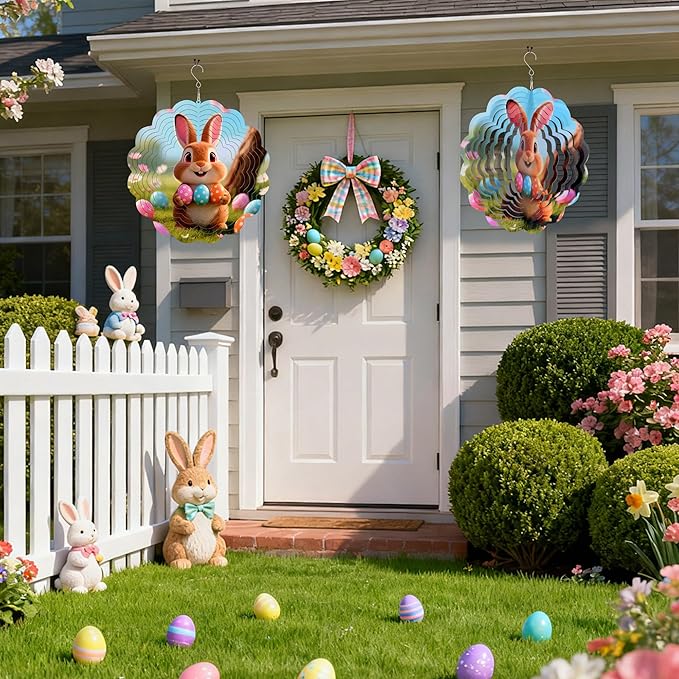 Rabbit Metal Wind Spinner for Garden, Rabbit Eggs Gifts for Easter Women Men Mother Father, 12 Inch Hanging Wind Spinner for Outdoor & Indoor Decorations