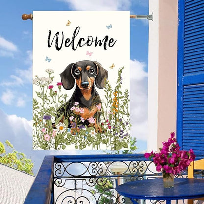 Floral Dachshund Garden Flag Spring Summer House Flags 28 x 40 Double Sided Flower Dog Yard Flags for Outside Large Outdoor Welcome Flags