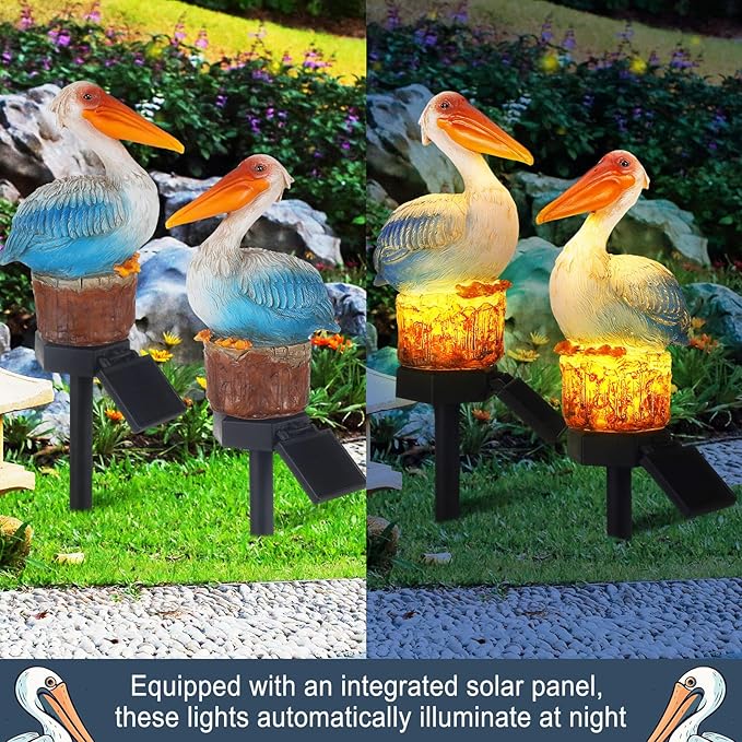 Leinuosen 2 Pack Solar Pelican Statues Outdoor Decorations Garden Sculpture Stake Decor Ocean Bird Art Waterproof Ornaments for Backyard Porch Lawn Walkway Patio Yard