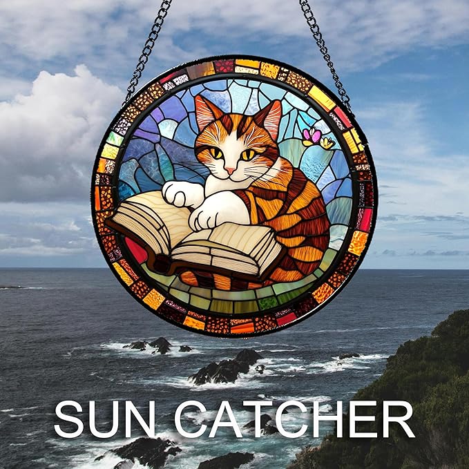 DASTOLL Stained Glass Window Hanging Little Cat Reading 9.8" - Suncatcher Door Garden Kitchen Sunroom Sun Catcher Home Decor Birthday for Lost Pets Mom Grandma Men Woman Friend