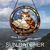 DASTOLL Stained Glass Window Hanging Little Cat Reading 7.8" - Suncatcher Door Garden Kitchen Sunroom Sun Catcher Home Decor Birthday for Lost Pets Mom Grandma Men Woman Friend