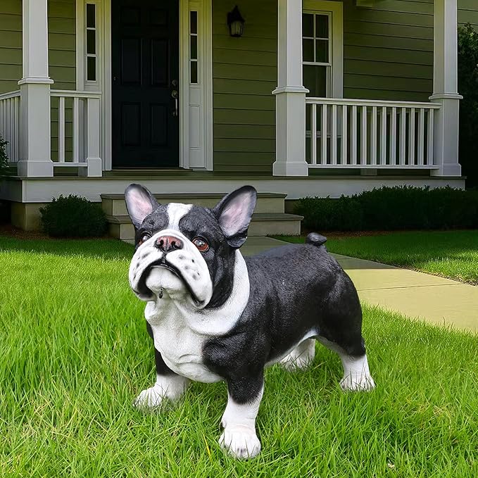 Playful Standing French Bulldog Sculpture with Solar Lantern & Double-Sided 'On Patrol' and 'Welcome' Signposts – Whimsical Resin Statue for Garden, Yard, and Patio