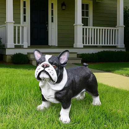 Playful Standing French Bulldog Sculpture with Solar Lantern & Double-Sided 'On Patrol' and 'Welcome' Signposts – Whimsical Resin Statue for Garden, Yard, and Patio