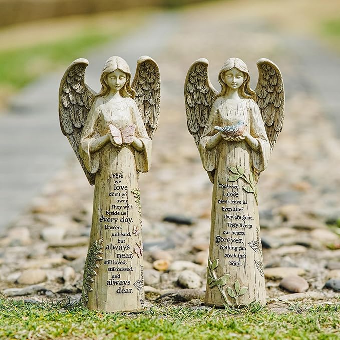 Topadorn Angel Statue Decoration for Garden & Patio, Standing Angel with Butterfly Memorial Resin Figurine Sculpture Ornament, Waterproof Antique Stone, 10''H