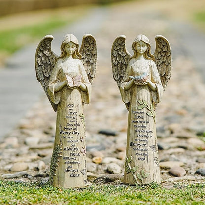 Topadorn Angel Statue Decoration for Garden & Patio, Standing Angel with Butterfly Memorial Resin Figurine Sculpture Ornament, Waterproof Antique Stone, 10''H