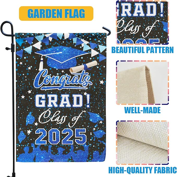 PAMBO Graduation Garden Flag Class of 2025, Blue Congrats Grade Flag for Outside Hanging Decors 12x18 Inch Burlap