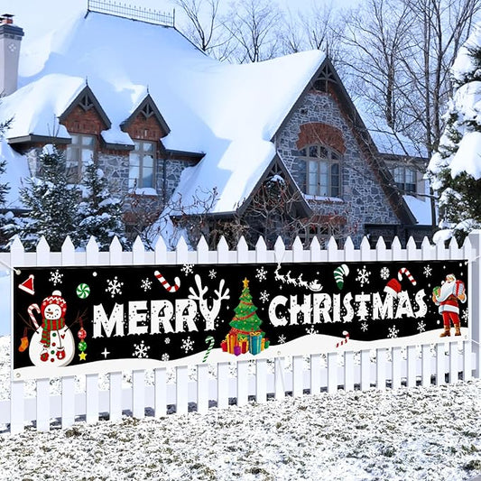 Probsin Large Merry Christmas Banner 120" x 20" Double Printed Xmas Decoration Snowman Christmas Tree Hanging Santa Claus Holiday Party Supplies Home Decor for Outdoor,Indoor,Yard,Garden,Porch,Lawn
