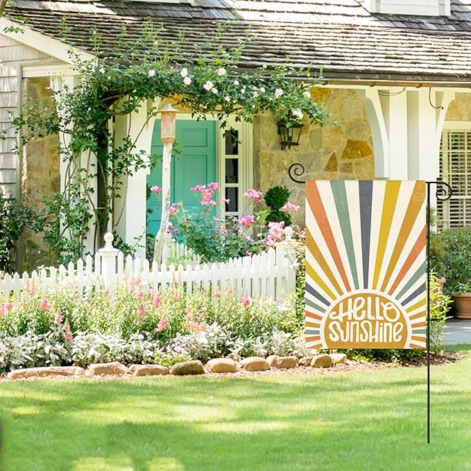 AVOIN colorlife Hello Sunshine Classic Garden Flag 12x18 Inch Double Sided Outside, Summer Party Holiday Burlap Yard Outdoor Decoration
