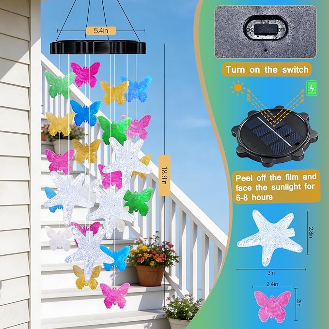 Solar Wind Chimes for Outside, Solar Powered LED Wind Chime with Butterfly, Waterproof Outdoor Decorative Wind Chime with 2 Light Modes for Patio, Garden, Yard, Porch, Gift for Grandma Mom Women Grils
