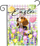 Happy Easter Dog Garden Flag Beagle Spring Flags Buffalo Plaid Bunny Eggs Yard Flag for Outside 12x18 Double Sided Small Decorative Floral Outdoor Flag