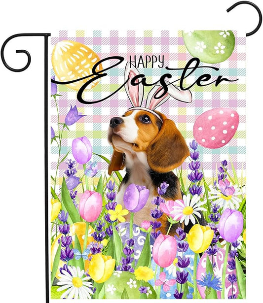 Happy Easter Dog Garden Flag Beagle Spring Flags Buffalo Plaid Bunny Eggs Yard Flag for Outside 12x18 Double Sided Small Decorative Floral Outdoor Flag