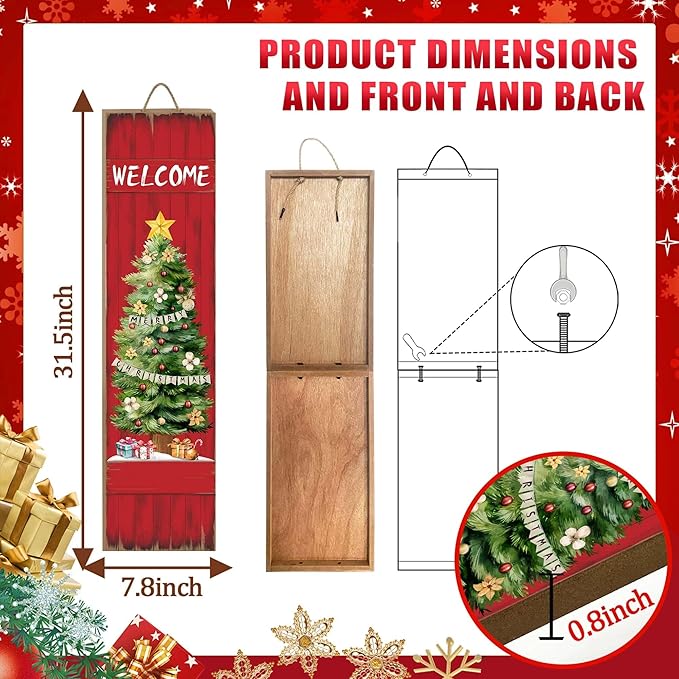 PEROUU Merry Christmas Porch Sign for Front Door, Xmas Wooden Welcome Sign with Christmas Tree for Front Porch Decorations, Winter Garden Decor Outdoor Hanging Signs Wall Sign 31.5" H