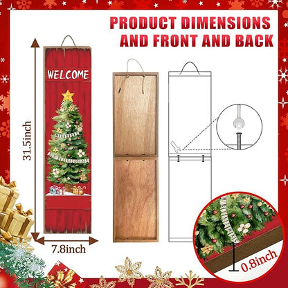 PEROUU Merry Christmas Porch Sign for Front Door, Xmas Wooden Welcome Sign with Christmas Tree for Front Porch Decorations, Winter Garden Decor Outdoor Hanging Signs Wall Sign 31.5" H